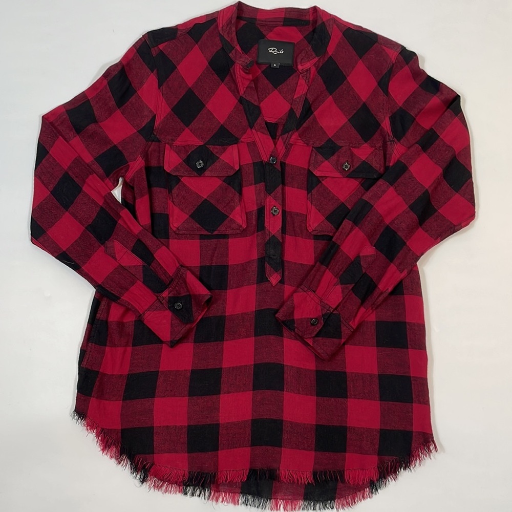 Rails Blouse Top S Plaid Red and Black V Neck Popover Frayed Hem - Picture 4 of 10